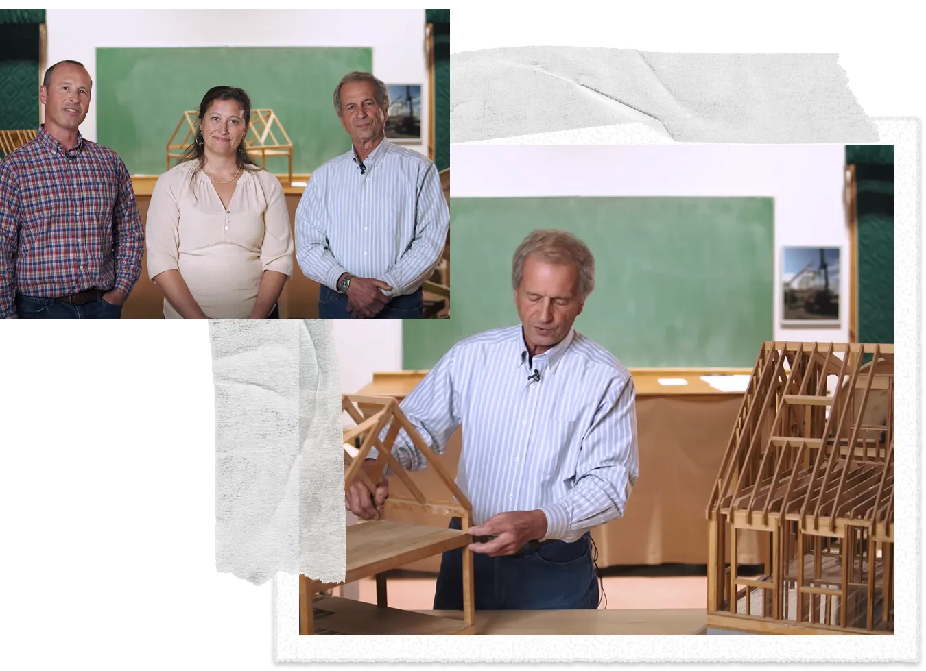 Architects or engineers working on wooden building frame model in classroom