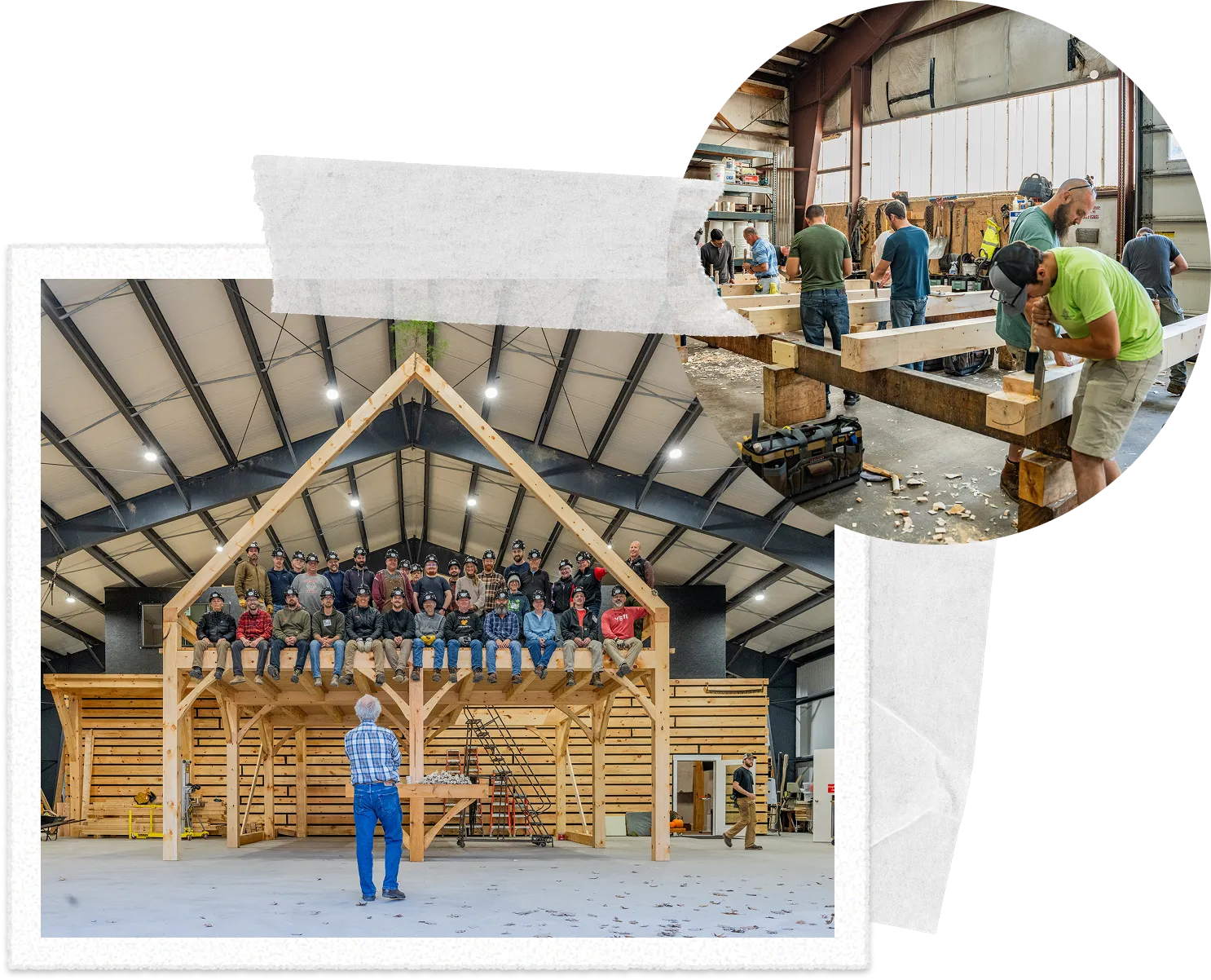 Woodworking team sitting on timber frame, workshop background with construction