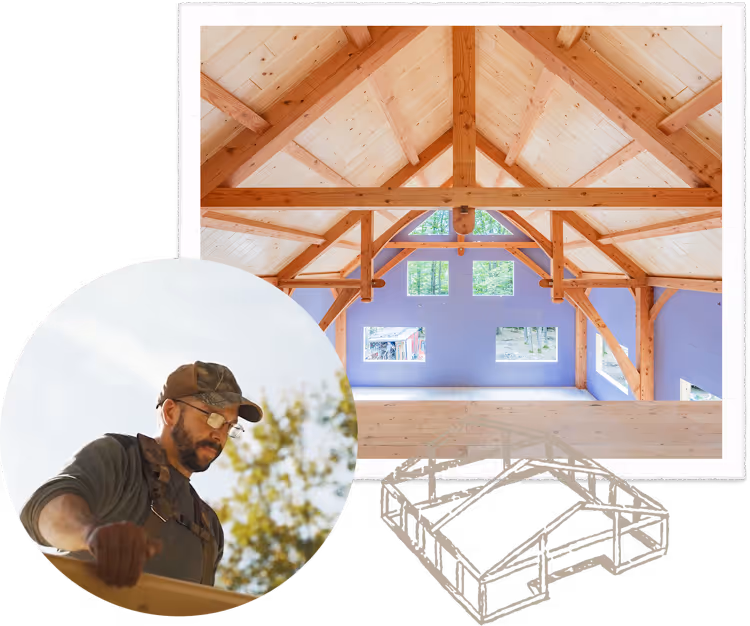 Timber frame construction with exposed wooden beams and purple interior walls