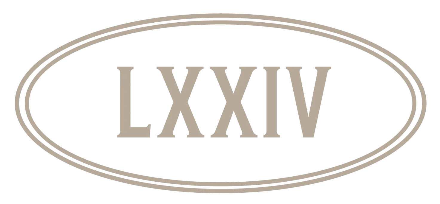 Roman numeral LXXIV in an oval beige graphic design