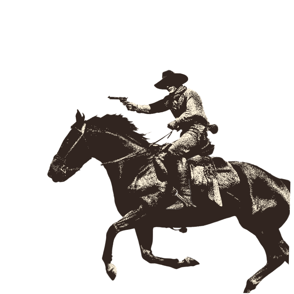 Blue halftone illustration of a cowboy on a galloping horse aiming a revolver.