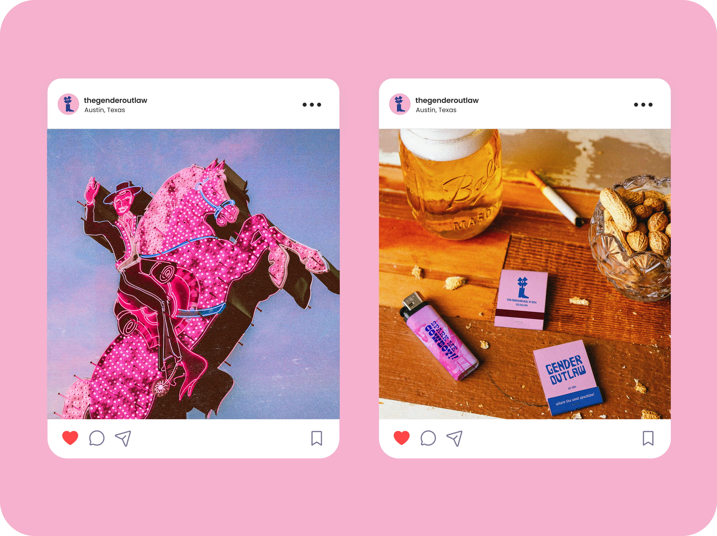 Two side-by-side Instagram posts; the left shows a pink neon sign of a cowboy riding a rearing horse, the right shows a beer jar, a cigarette, peanuts in a glass bowl, a pink lighter, and two Gender Outlaw matchboxes on a wooden surface.