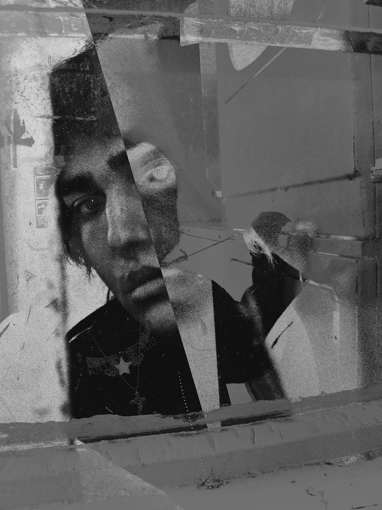 Black and white artistic photo portrait with overlapping images of a person's face and upper body, creating a fragmented visual effect.