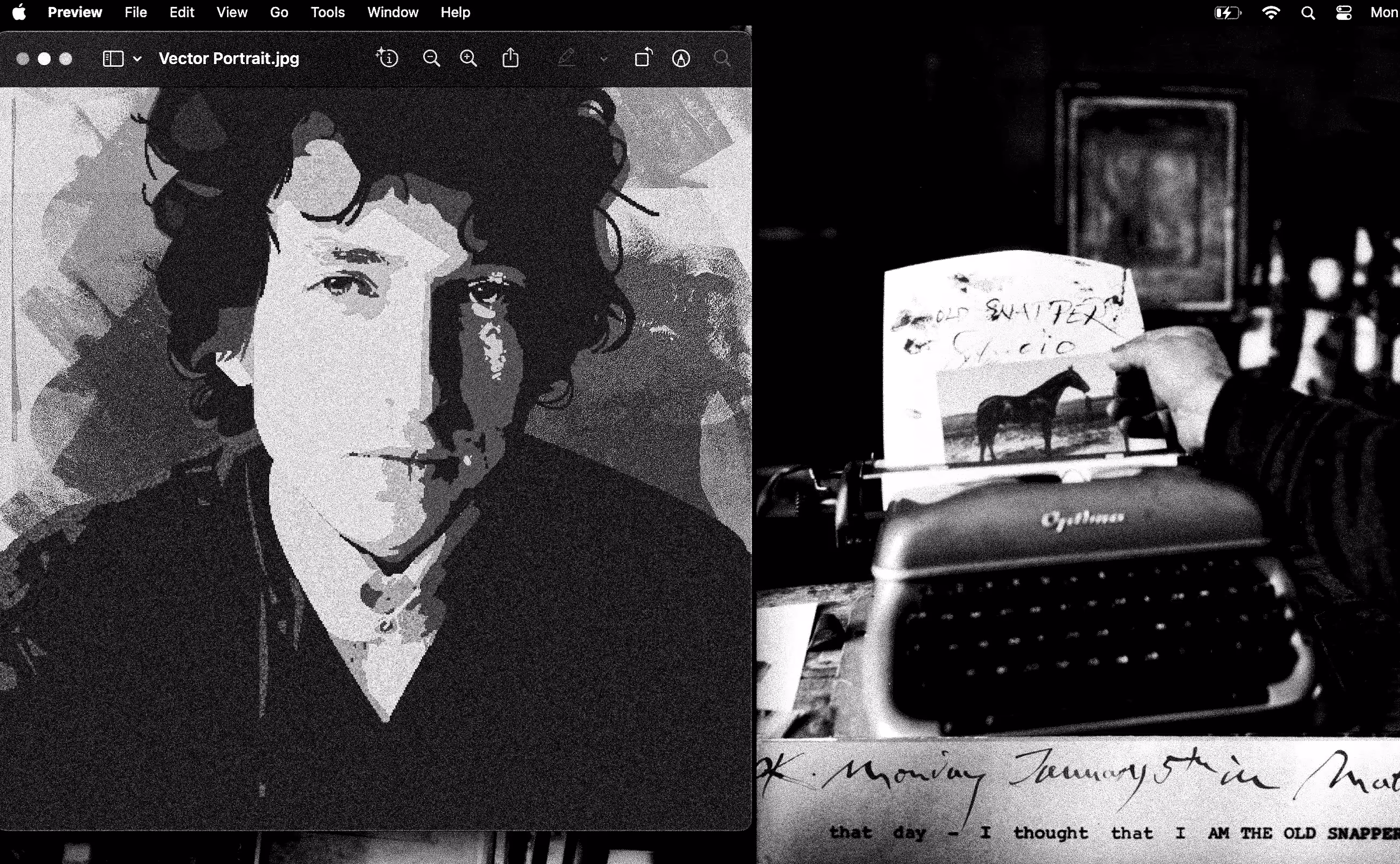 Black and white photo of a computer screenshot showing a stylized vector portrait of Bob Dylan on the left, and on the right, a typewriter with a person's hand holding a photo of two horses above typed text.
