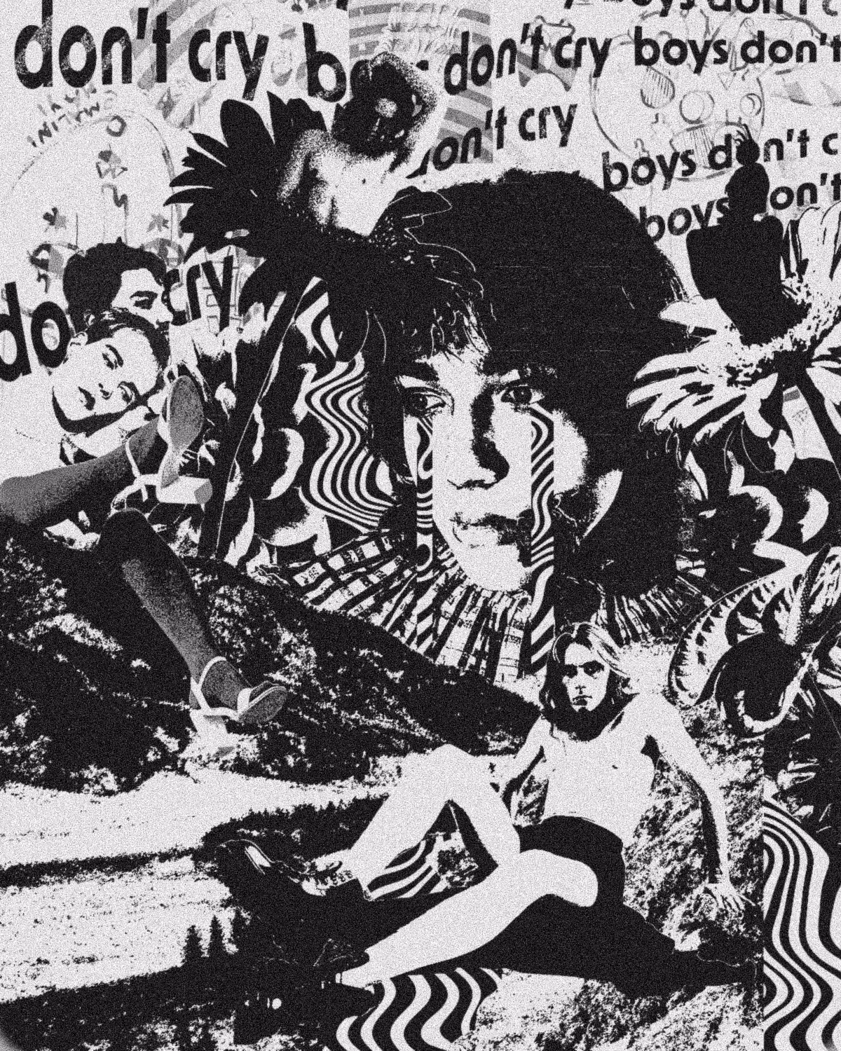 Black and white collage featuring a large face with patterned tears, surrounded by various figures and the repeated text 'don’t cry boys'.