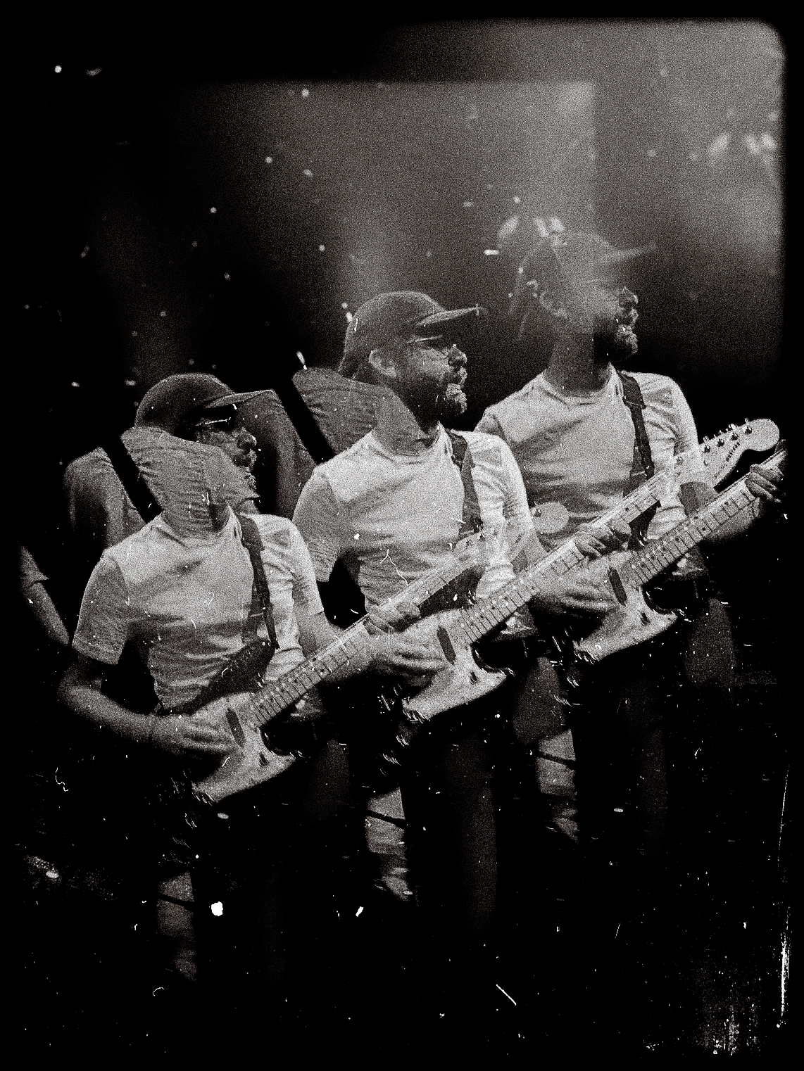 Black and white photo collage of a man wearing a cap playing an electric guitar with multiple overlapping exposures.