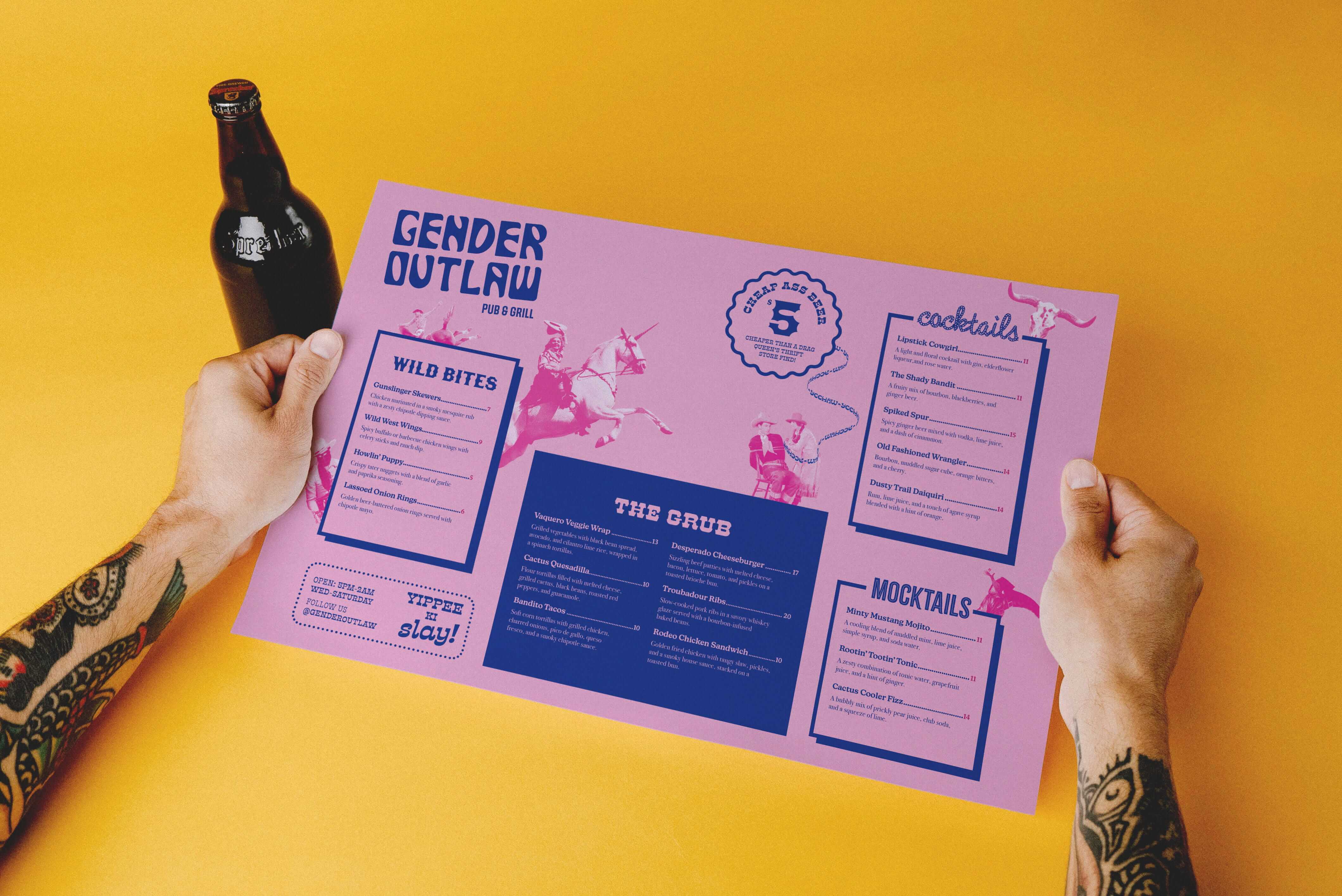Tattooed hands holding a purple and blue menu for Gender Outlaw Pub & Grill, featuring food and cocktail sections on a yellow background.