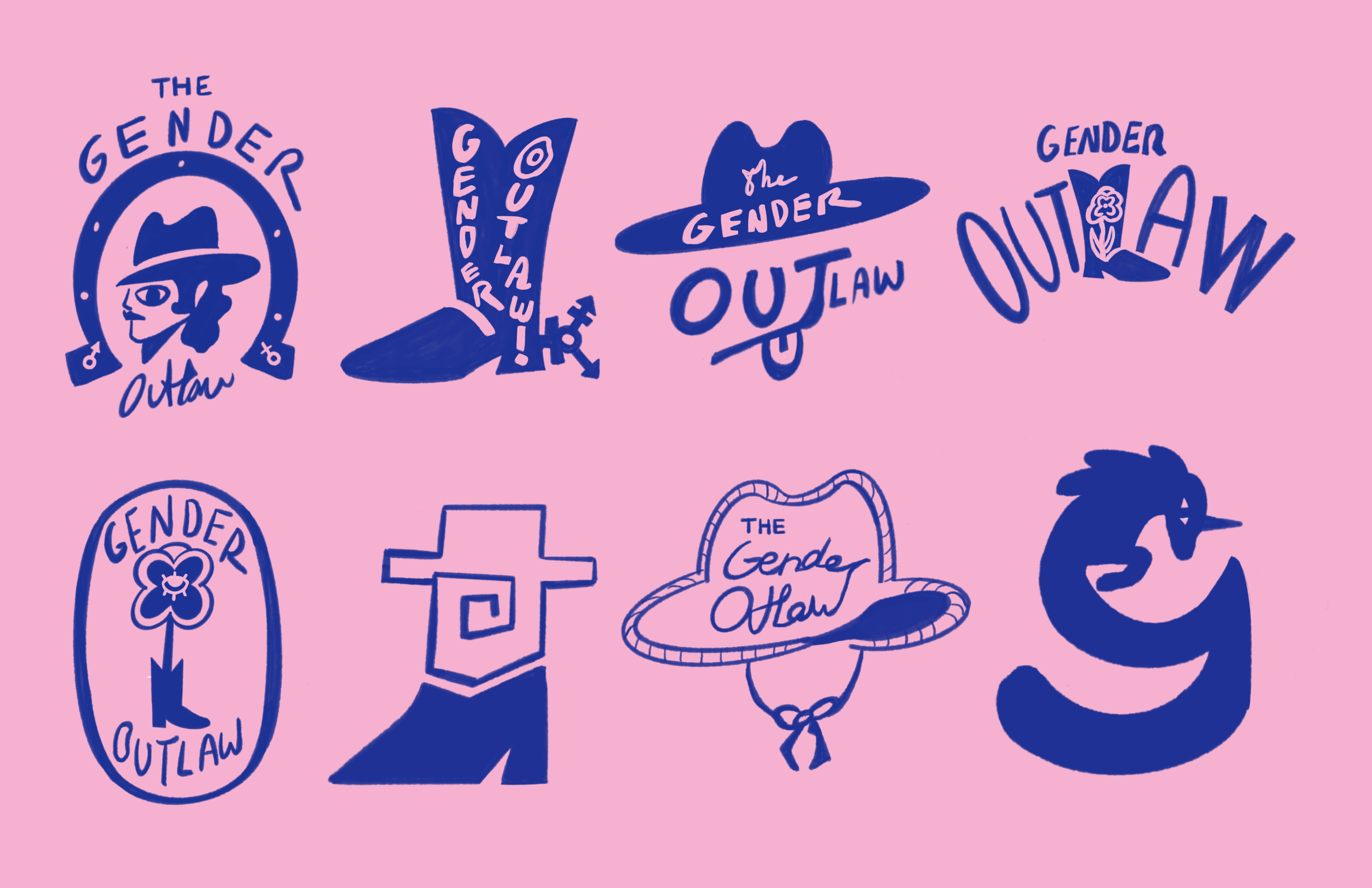 Set of eight blue hand-drawn western-themed logos on pink background, featuring hats, boots, flowers, and text variations of 'The Gender Outlaw'.