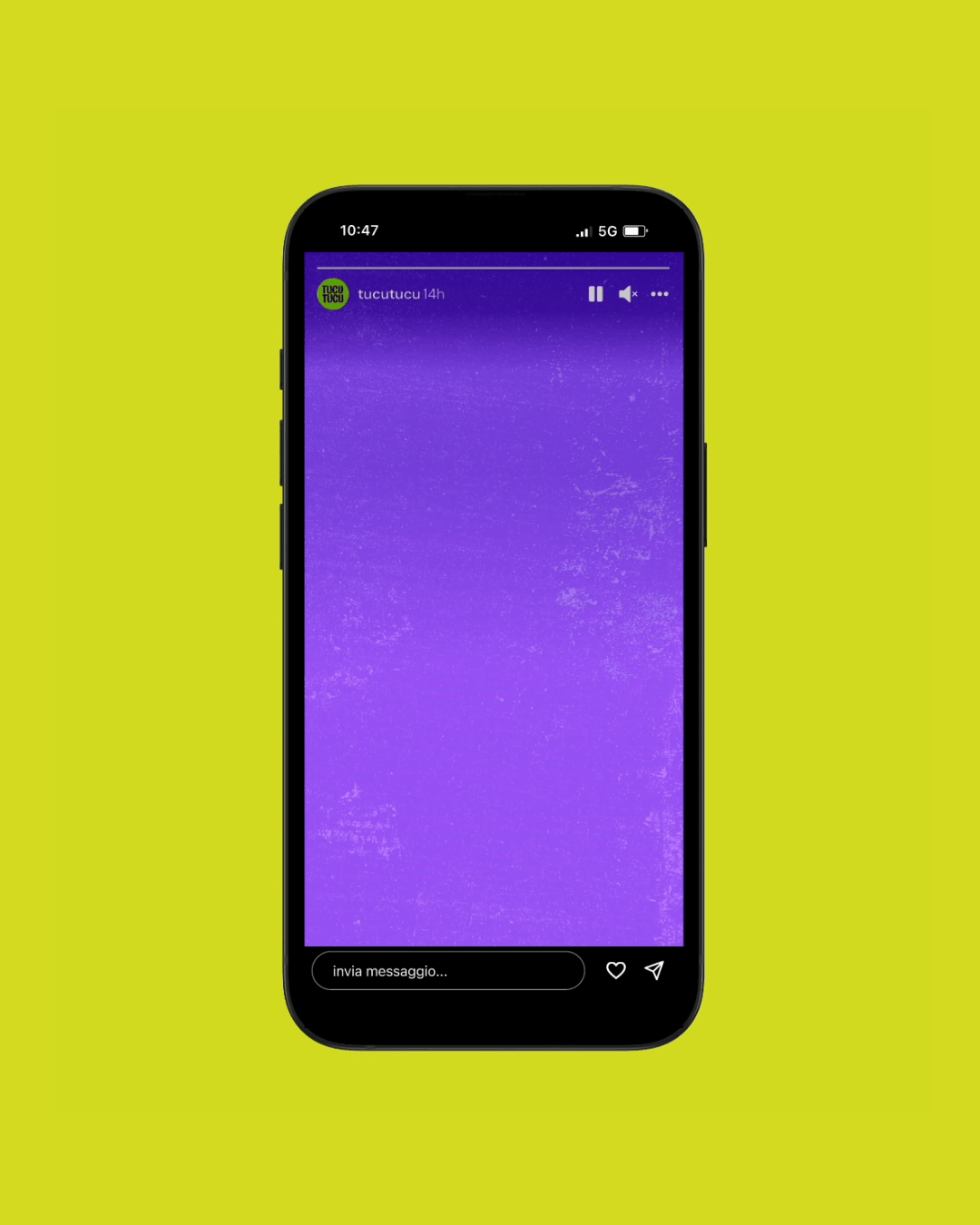 Smartphone displaying a purple gradient Instagram story screen on a lime green background.
