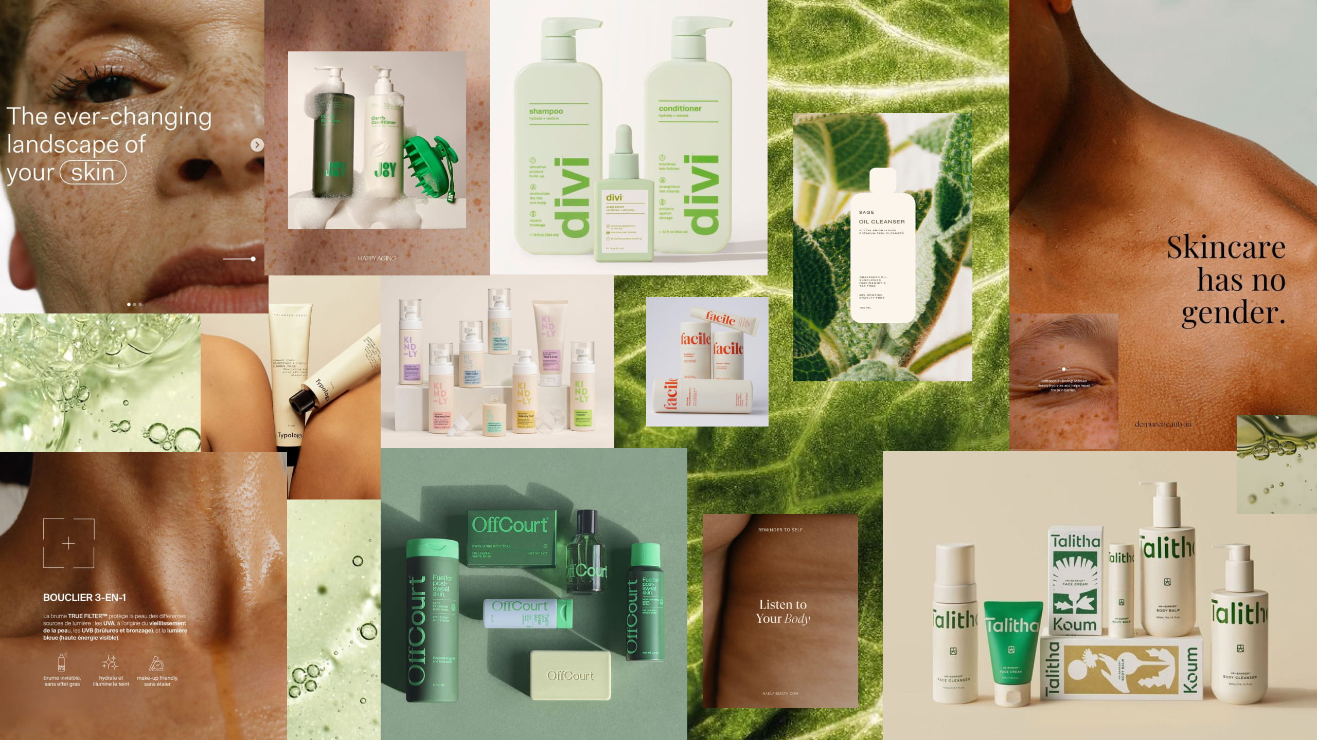 Moodboard of skincare products, close-ups of diverse skin textures, natural green leaves, and messaging like 'Skincare has no gender' and 'The ever-changing landscape of your skin'.