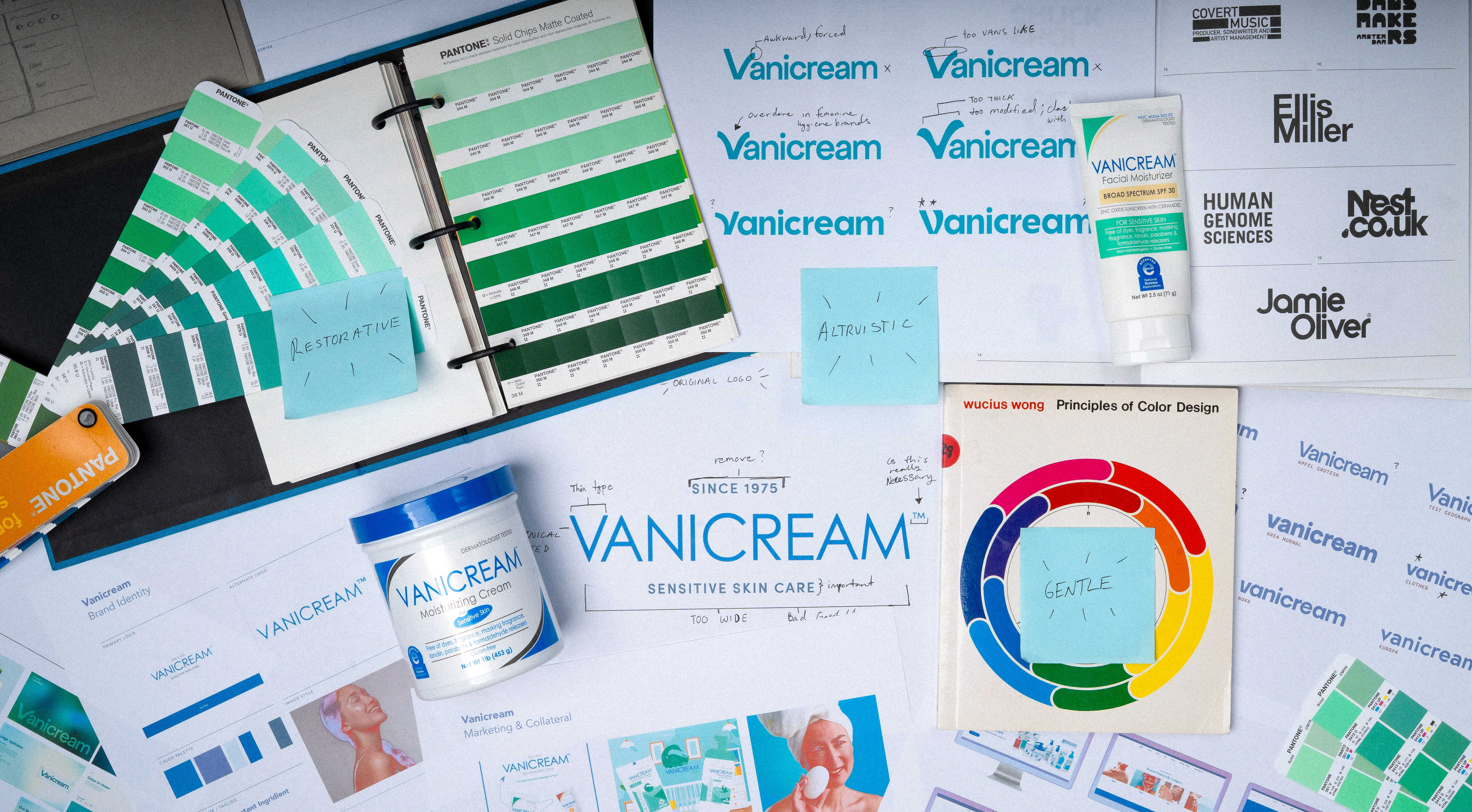 Flat lay process image of Vanicream branding and packaging designs including Pantone color swatches, logo sketches with annotations, product containers, and color design principles.