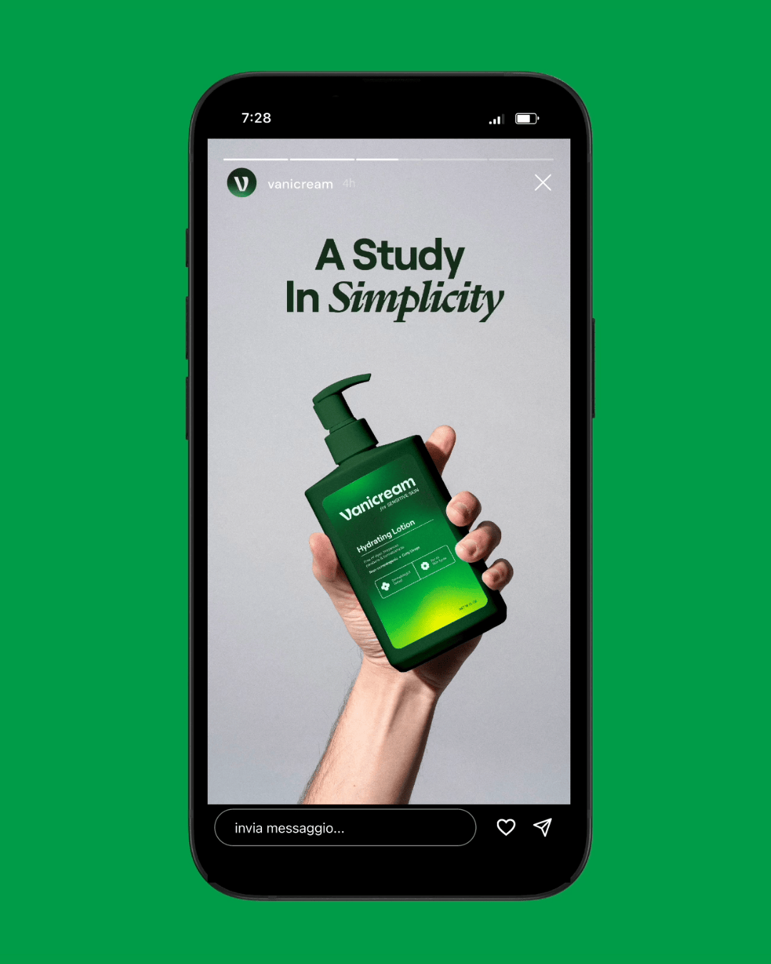 Instagram story screenshot showing a hand holding a green bottle of Vanicream Hydrating Lotion beneath the text 'A Study In Simplicity'.