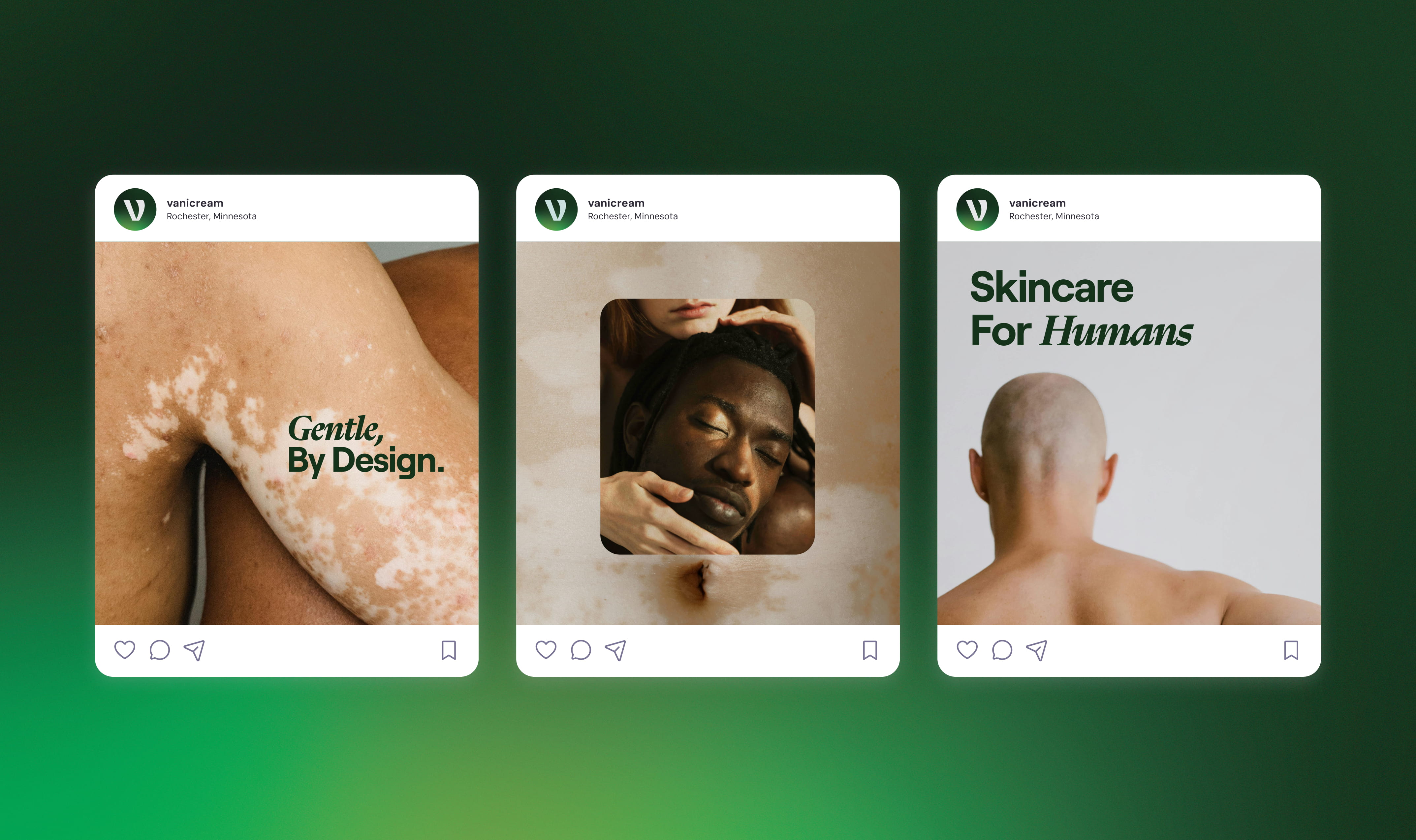 Three social media posts from Vanicream featuring diverse skin types with texts: 'Gentle By Design', a man with closed eyes held by a woman, and 'Skincare For Humans'.