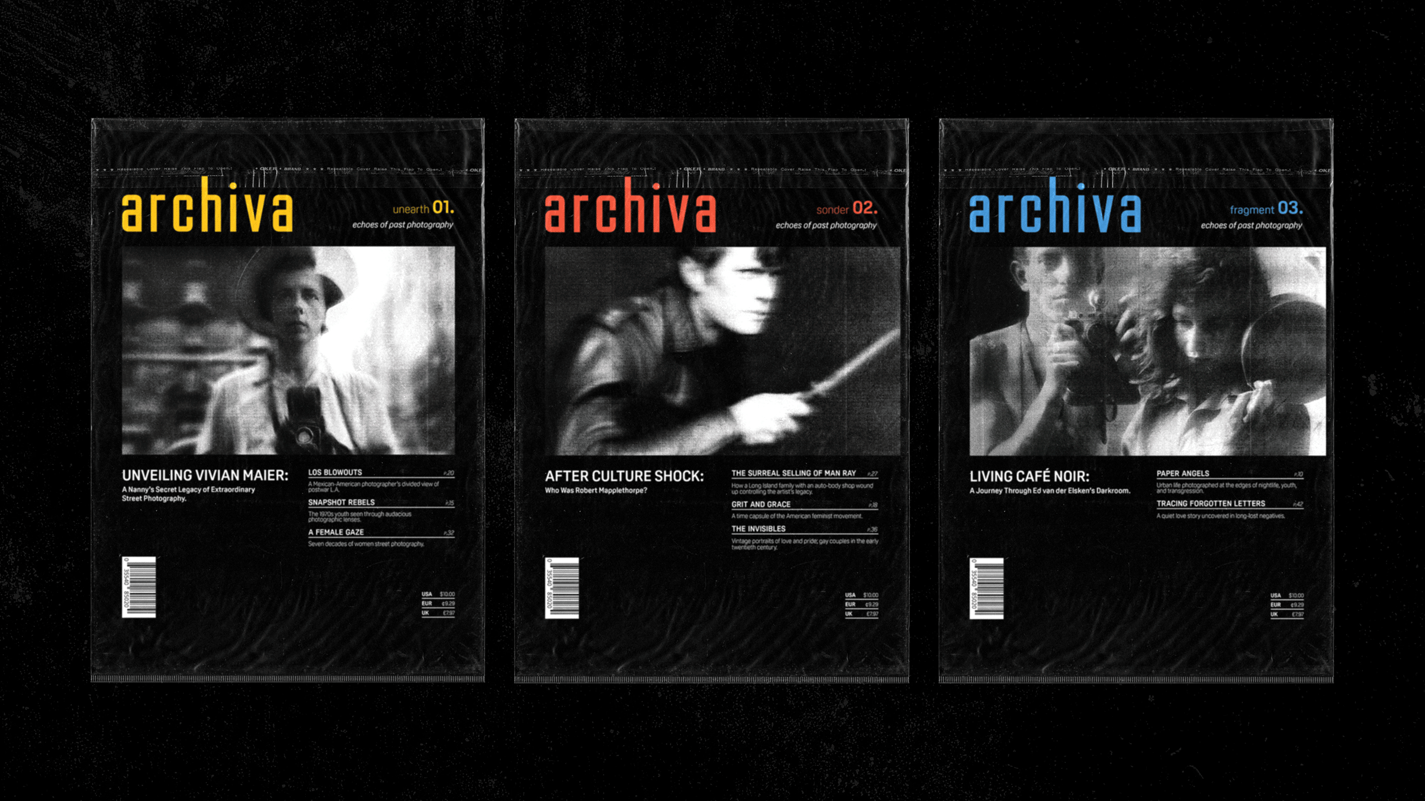 Multiple black magazine covers with the title 'archiva' in colorful text, featuring vintage black-and-white photos related to post photography.