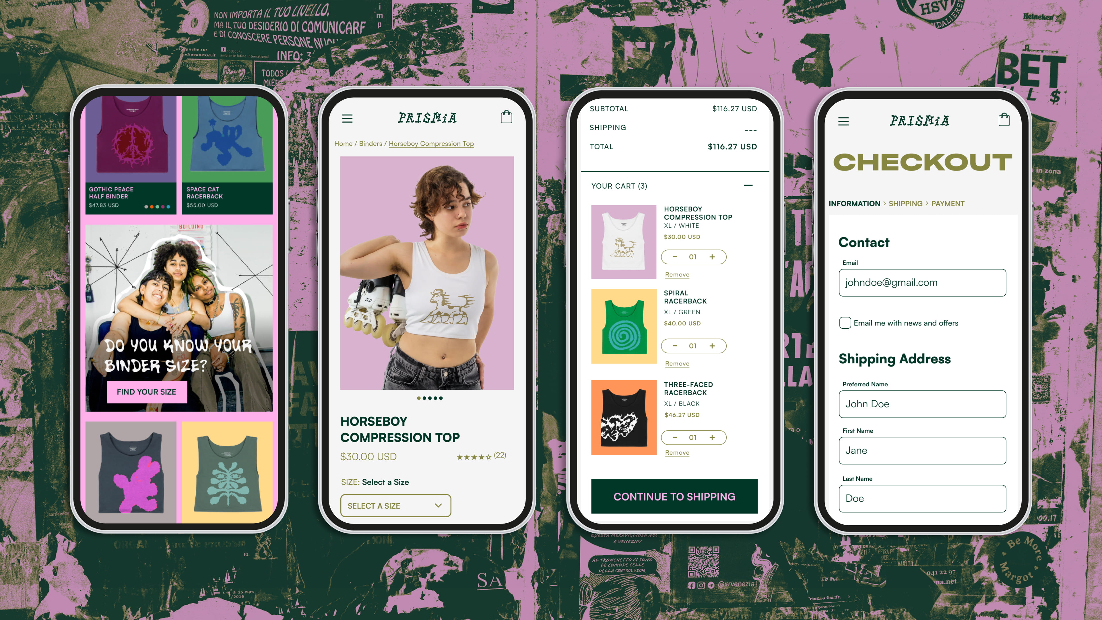 Four mobile screens mockups showing Prismia, an online store for binders and gender affirming apparel. The screens depict a product listings, a model wearing a compression top, a shopping cart with items, and a checkout contact form.