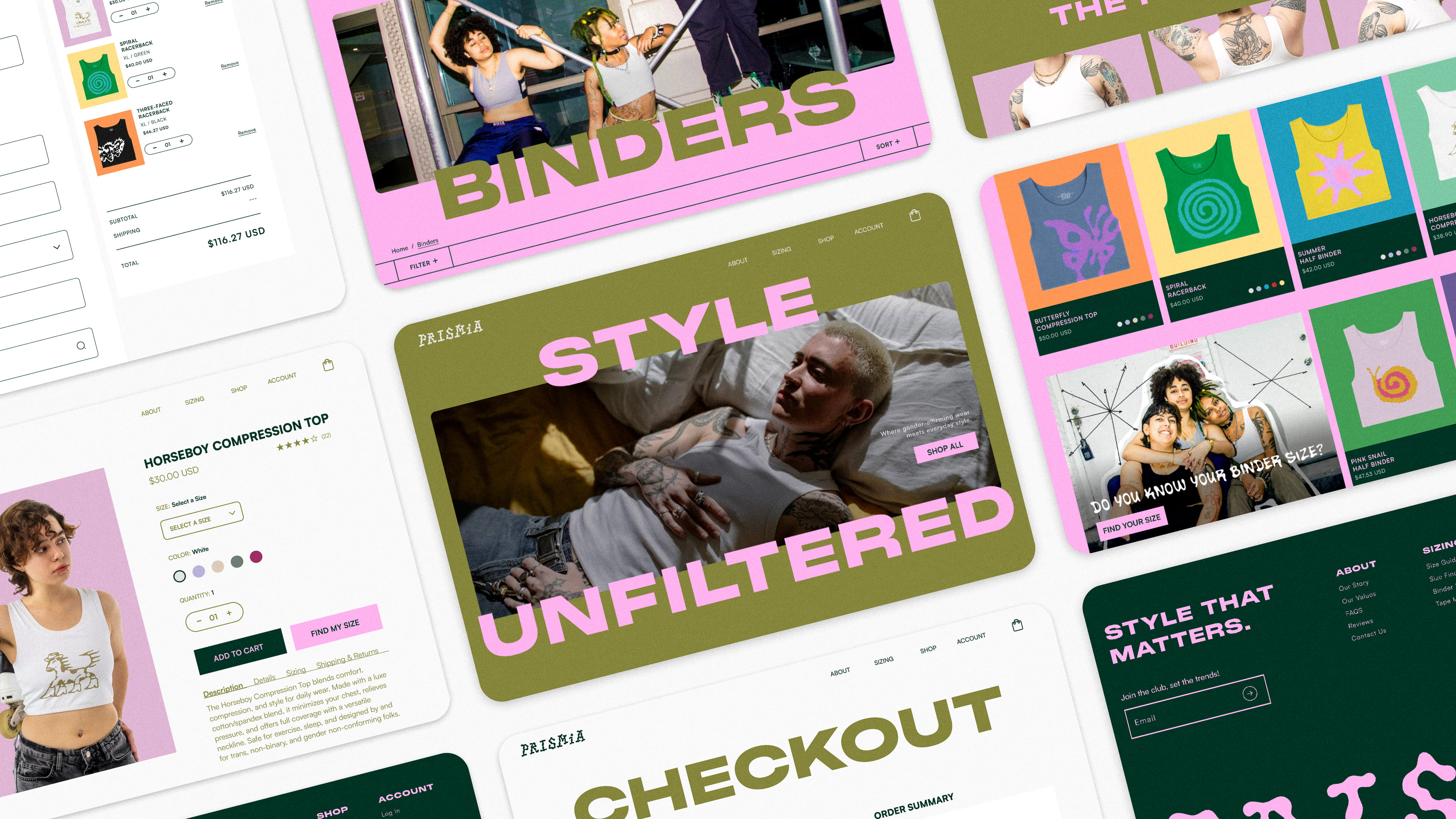 Collage of gender-affirming binder and compression top web pages showing styles, sizes, and checkout.