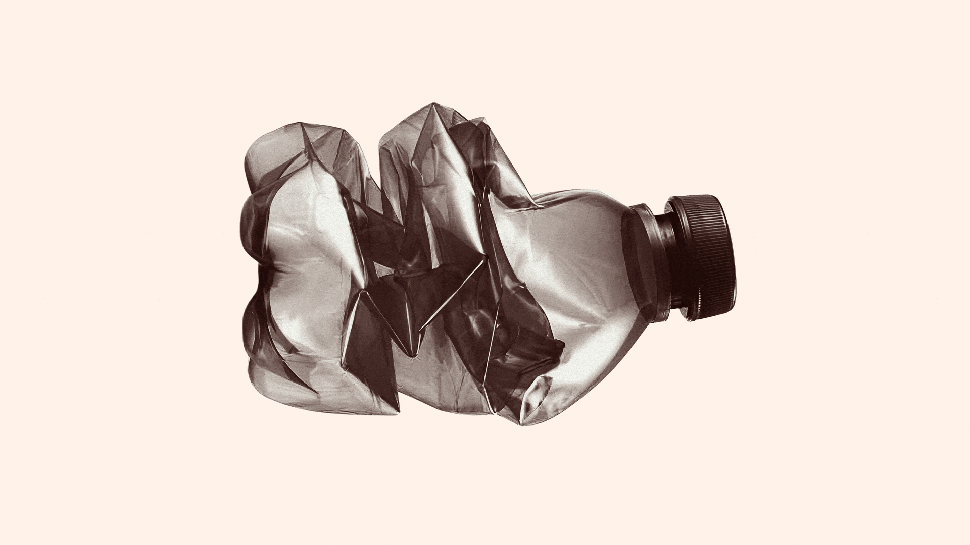 Crushed plastic bottle with a black cap against a light, textured background.