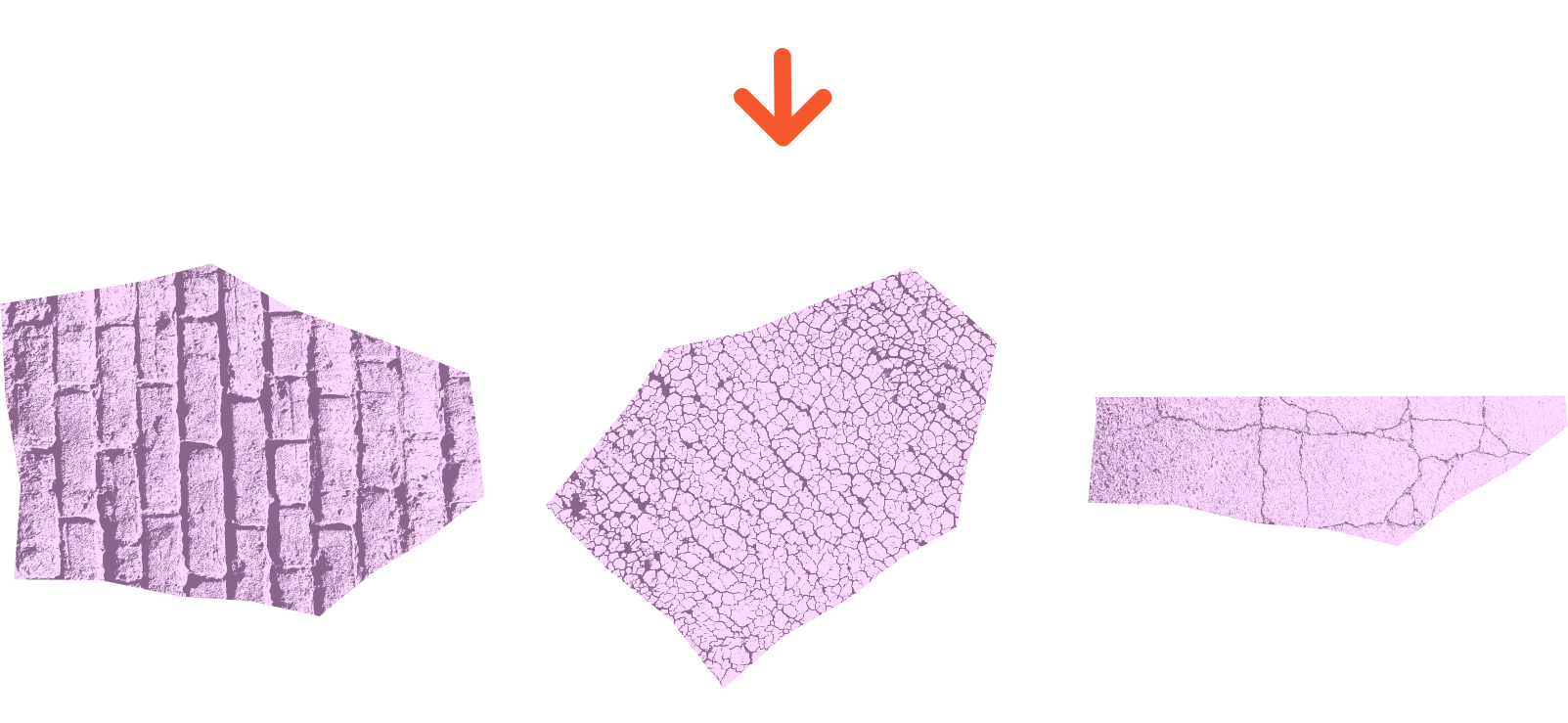 Three irregular pink shapes with different textured patterns beneath a downward arrow on a black background.