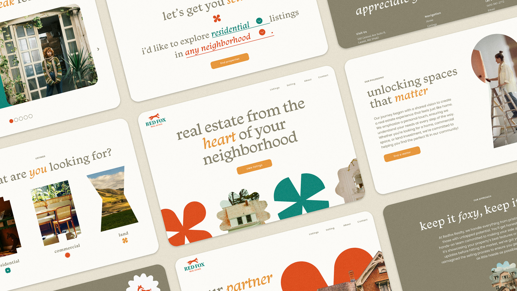 Overview of Red Fox Real Estate website pages with listings, philosophy, and customer approach.