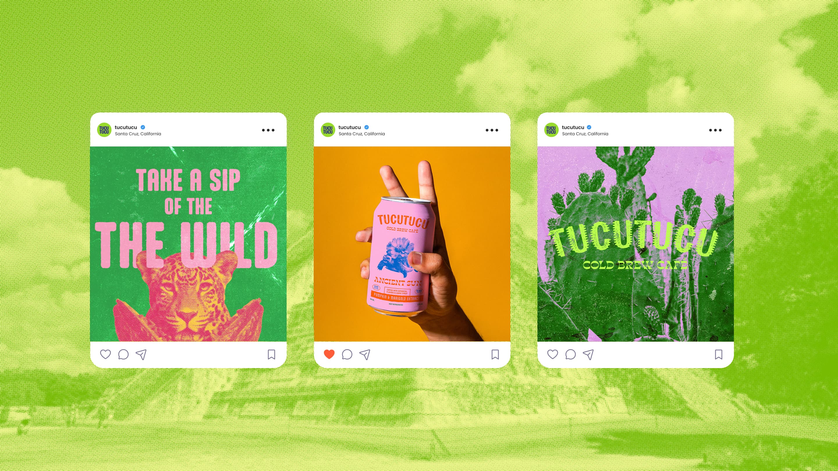 Two social media posts from Tucutucu with bright green and pink designs; left post shows a pink leopard face and text 'Take a sip of the wild,' right post shows green cactus silhouette with 'Tucutucu Cold Brew Cafe' text.