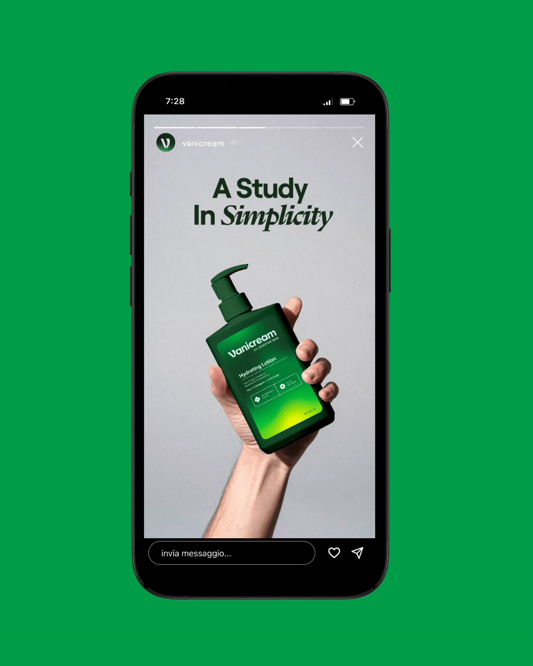 Instagram story screenshot showing a hand holding a green bottle of Vanicream Hydrating Lotion beneath the text 'A Study In Simplicity'.