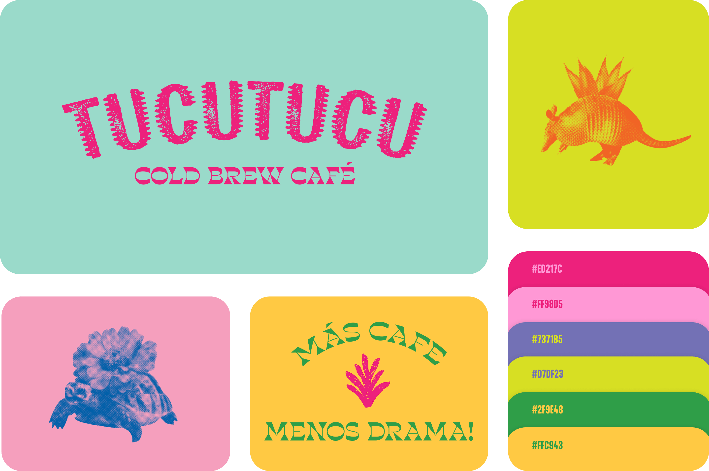 Colorful branding design for Tucutucu Cold Brew Café featuring pink logo on turquoise background, blue turtle with flower on pink background, orange armadillo with agave spikes on yellow-green background, and a yellow square with green text reading 'Más Café Menos Drama!' along with a pink agave plant graphic, plus a palette of six bright colors with hex codes.
