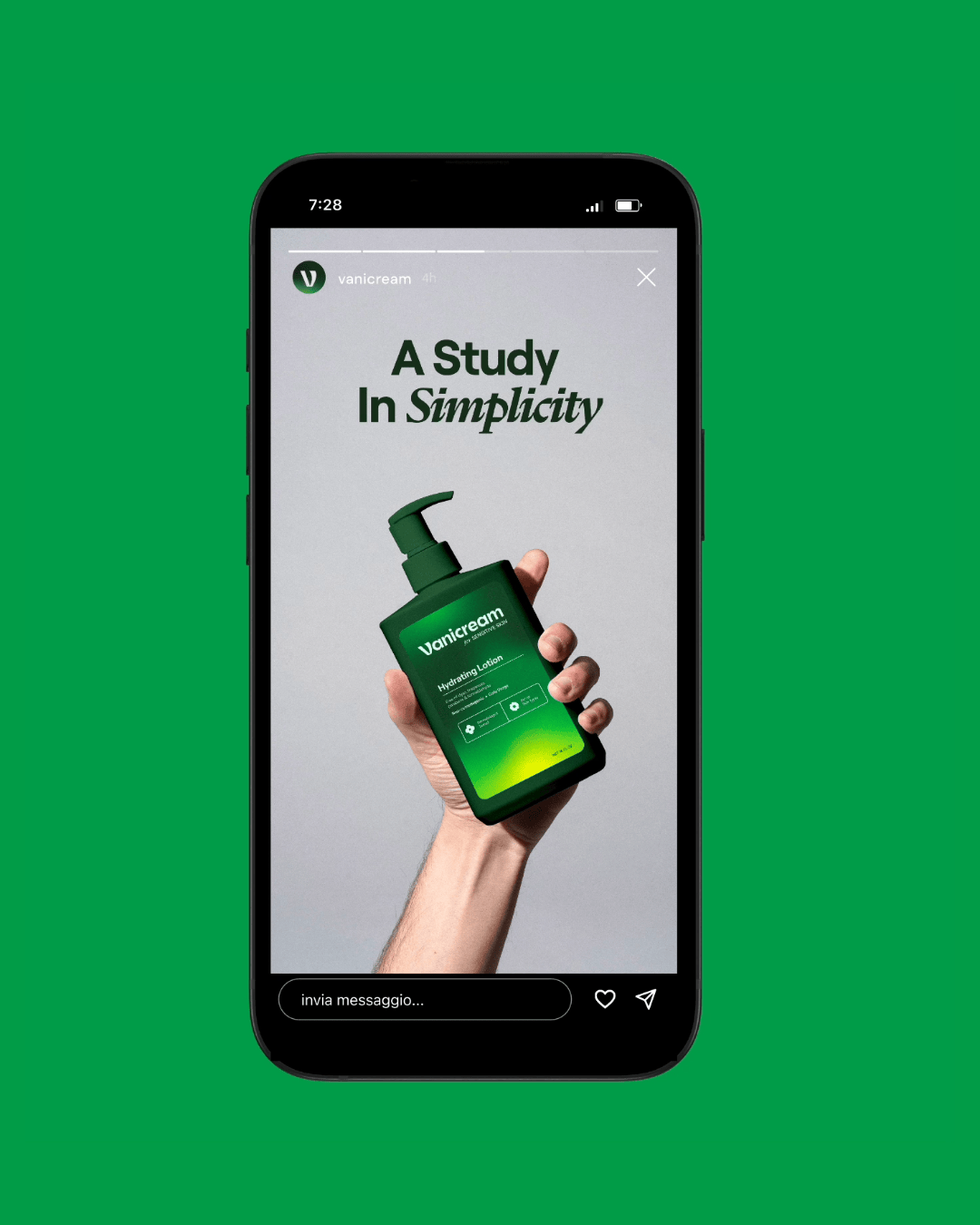 Instagram story screenshot showing a hand holding a green bottle of Vanicream Hydrating Lotion beneath the text 'A Study In Simplicity'.