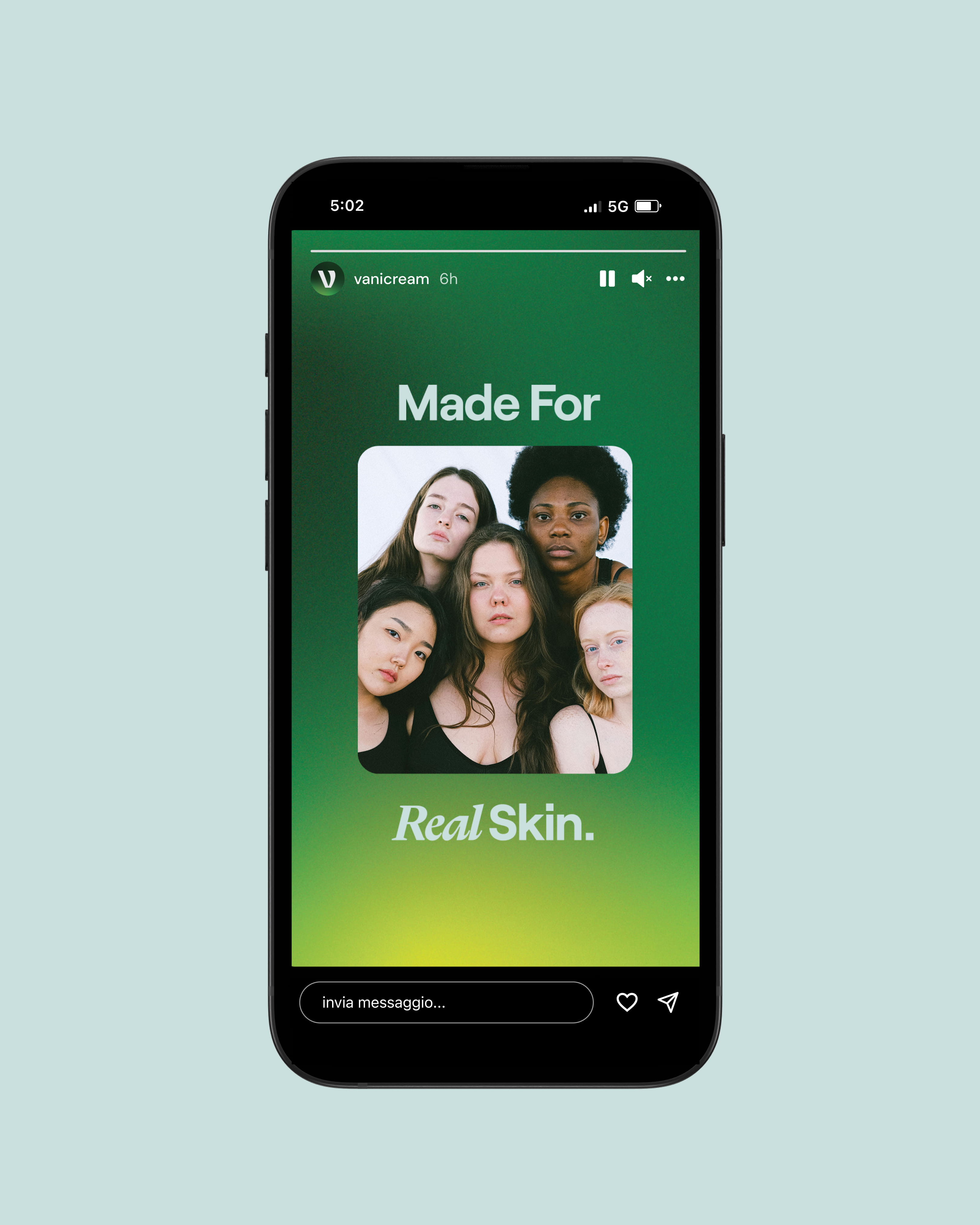 Portrait of five women with diverse skin tones and natural expressions against a green gradient background with text 'Made For Real Skin.'