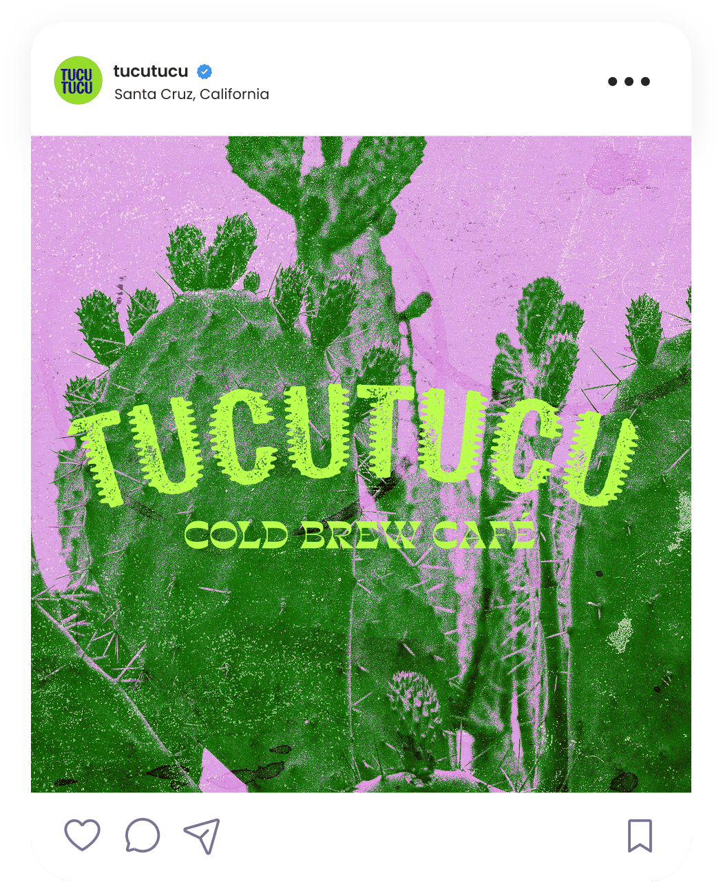 Instagram post by tucutucu showing green cacti on a pink background with TUCUTUCU Cold Brew Cafe logo.