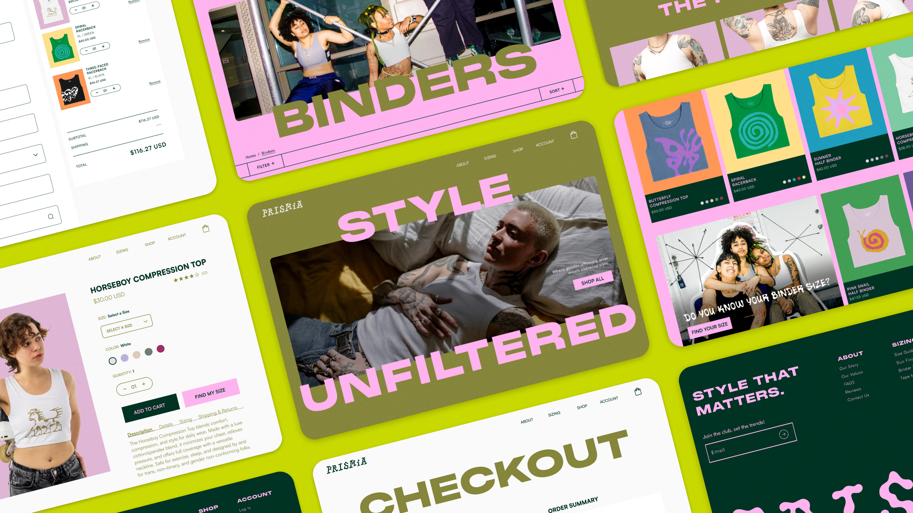 Mockup of website screens for a e-commerce called Prismia.