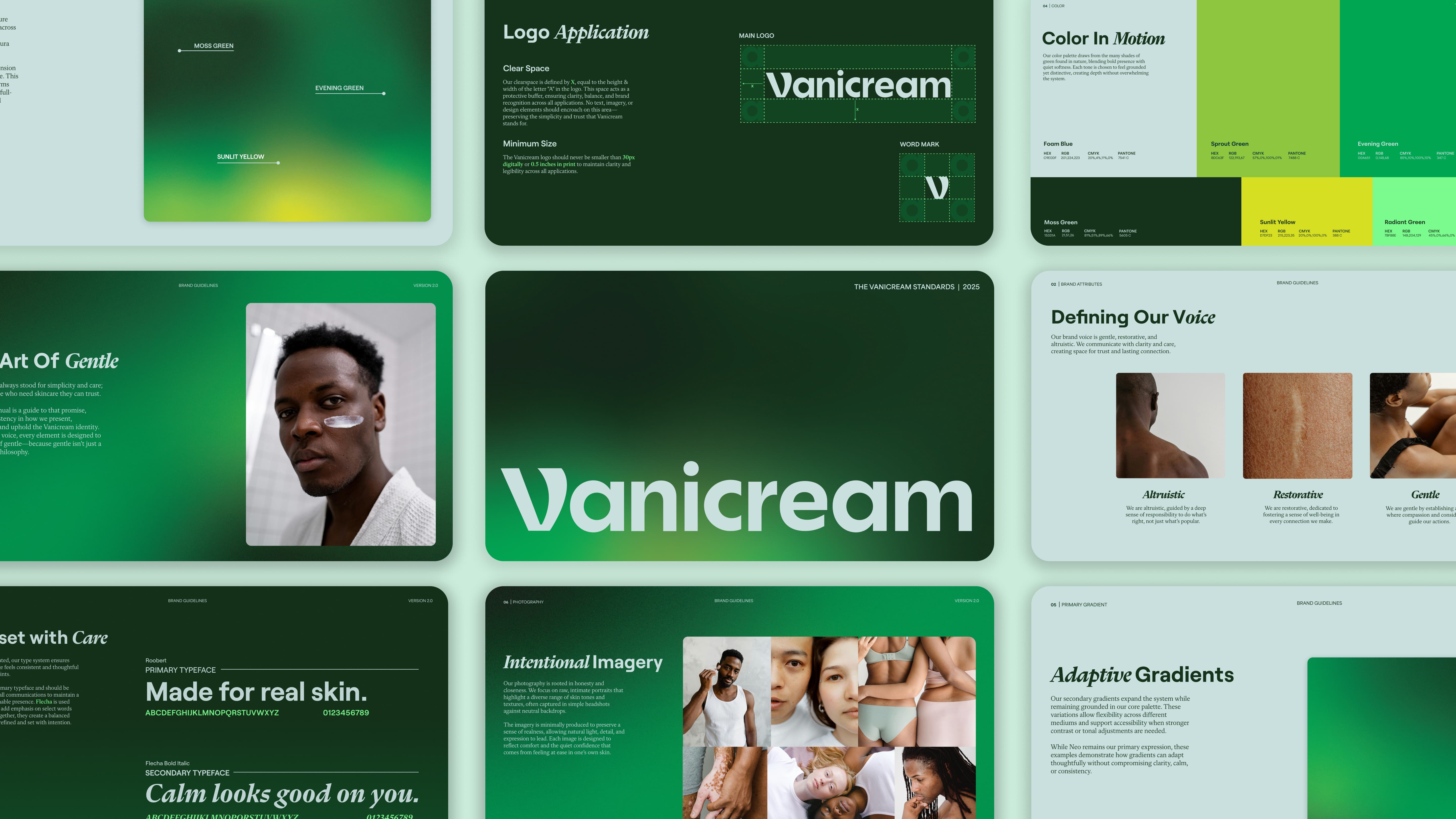Collage of Vanicream brand guidelines showing logo applications, typography, color palette with greens and yellows, typography samples, and diverse skin-focused imagery emphasizing gentle skincare.