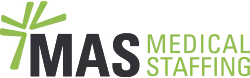 MAS Medical Staffing logo with green and black text and a green abstract cross symbol.