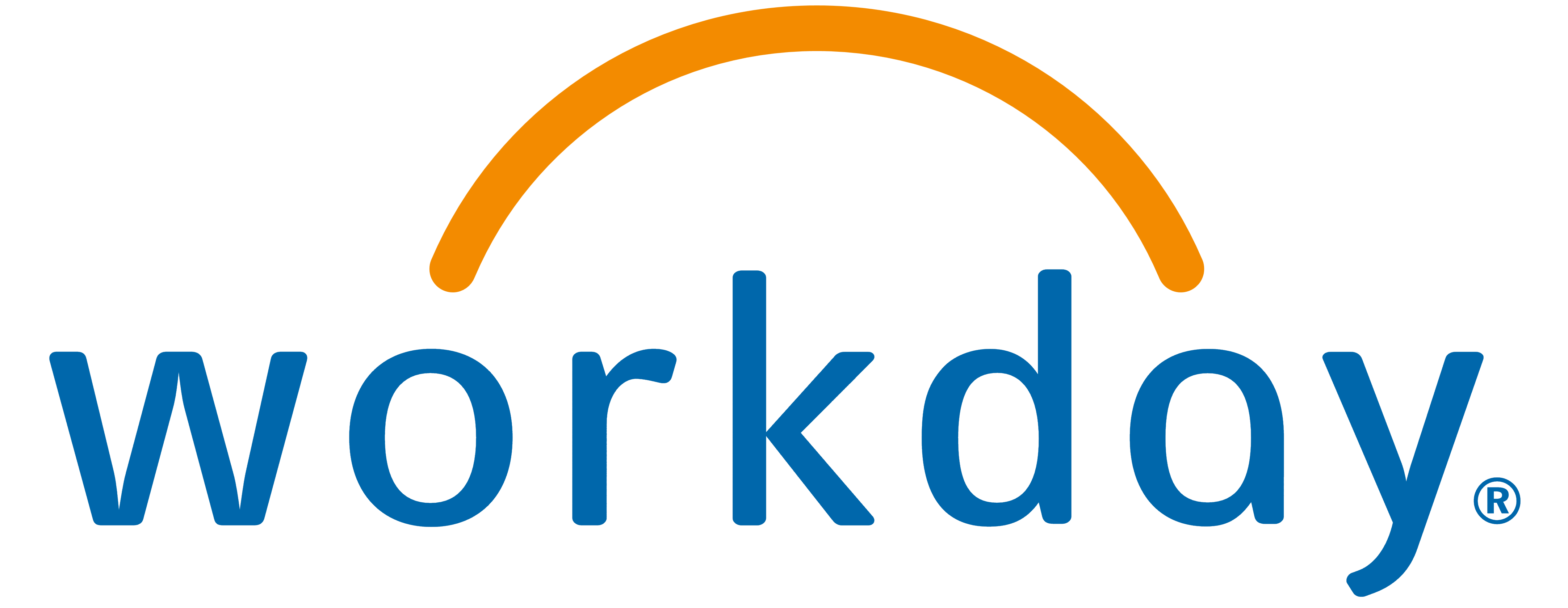 Workday company logo with blue text and an orange curved line above the letters.