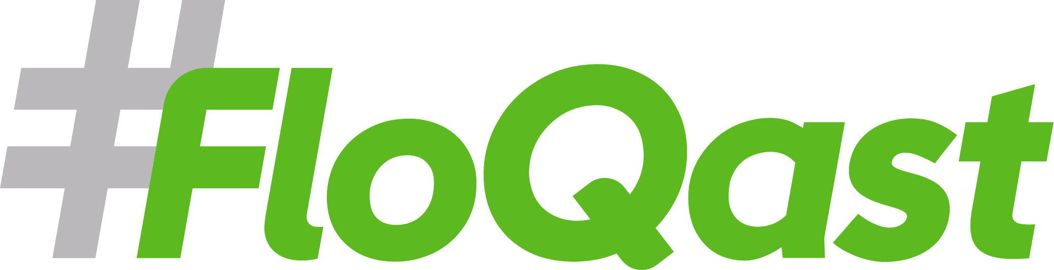 Hashtag symbol in gray followed by the word FloQast in bright green text.