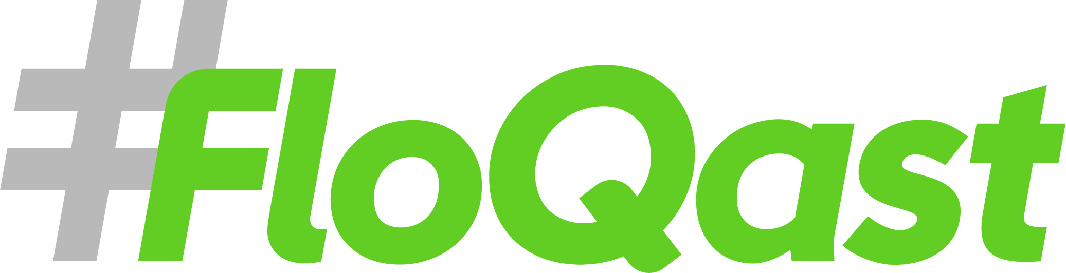 Hashtag symbol in gray followed by the word FloQast in bright green text.