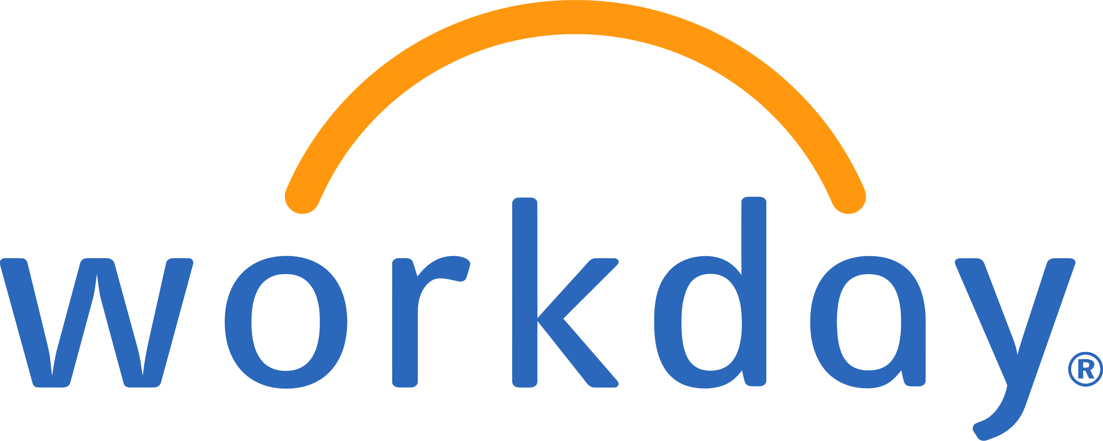 Workday logo with blue text and an orange curved line arching over the letters.