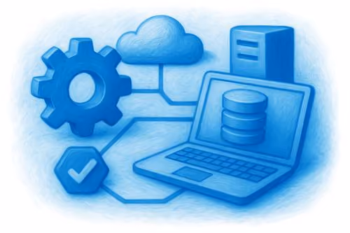Blue illustration of cloud computing with laptop, cloud, server, gear, and database icons linked.