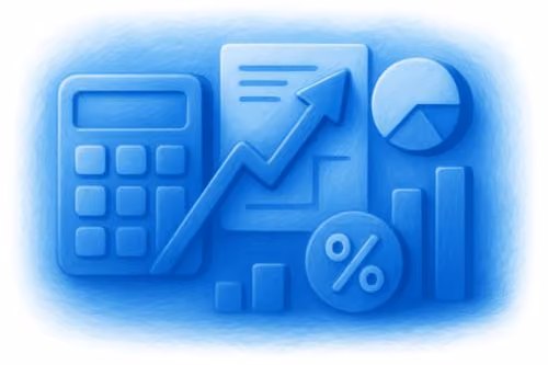 Blue toned icons of calculator, rising graph, pie chart, bar charts, and percentage symbol.