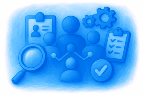 Blue illustration of people, magnifying glass, gears, checklists, and a checkmark symbolizing teamwork and tasks.