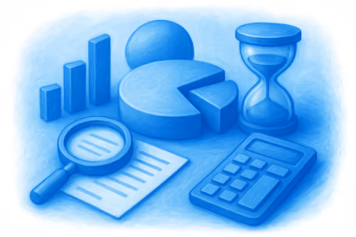 Blue 3D icons of a pie chart, bar chart, magnifying glass on paper, hourglass, and calculator.