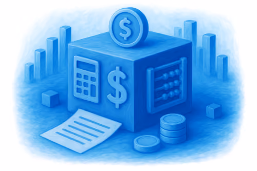 Blue block with dollar sign, calculator, abacus, coins, paper, and bar charts representing finance.
