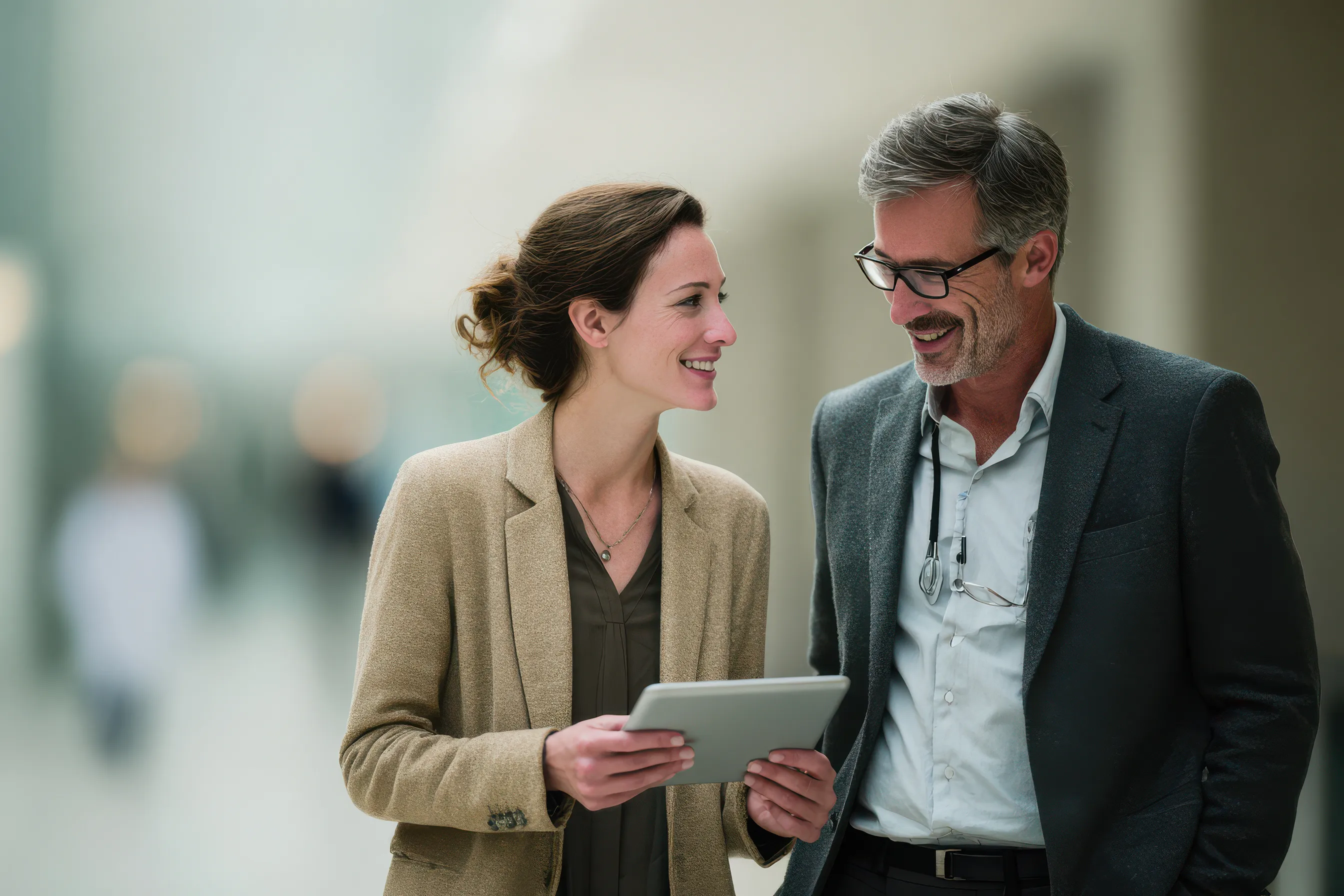 Deux professionnels souriants échangent dans un environnement d’entreprise lumineux, tenant une tablette numérique.