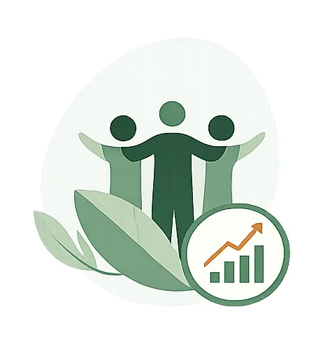 Illustration de trois personnes stylisées tenant les bras autour les unes des autres avec une feuille verte et un graphique en croissance à côté.