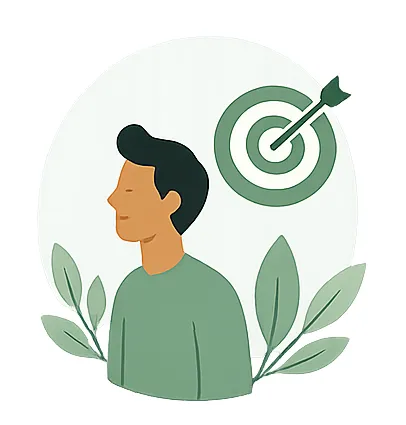 Illustration d'une personne avec une cible et une flèche en arrière-plan, entourée de feuilles vertes.