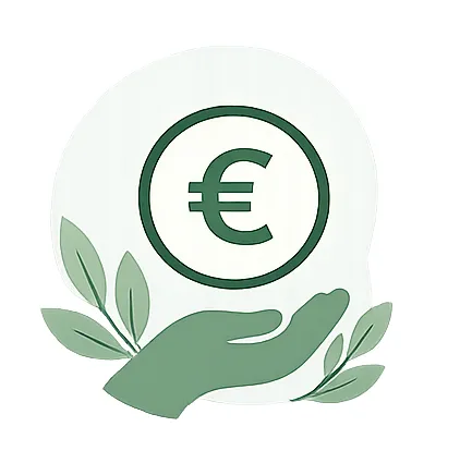 Main verte ouverte tenant un cercle avec le symbole euro, entourée de feuilles vertes.