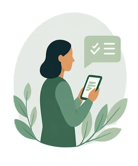 Illustration d'une femme tenant un smartphone avec une bulle de dialogue montrant une liste avec des cases cochées, entourée de feuilles vertes.