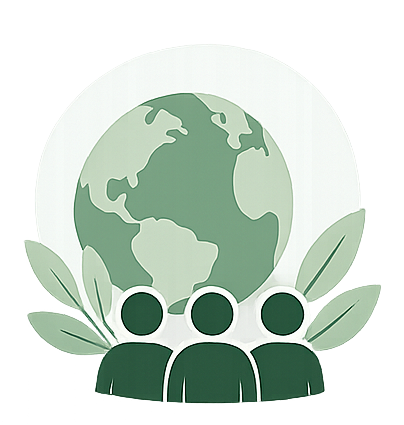 Illustration de trois silhouettes humaines devant une Terre verte avec des feuilles, symbolisant la protection de l'environnement.