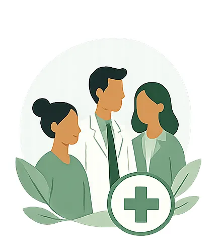 Illustration de trois professionnels de santé avec un symbole médical de croix verte devant eux.