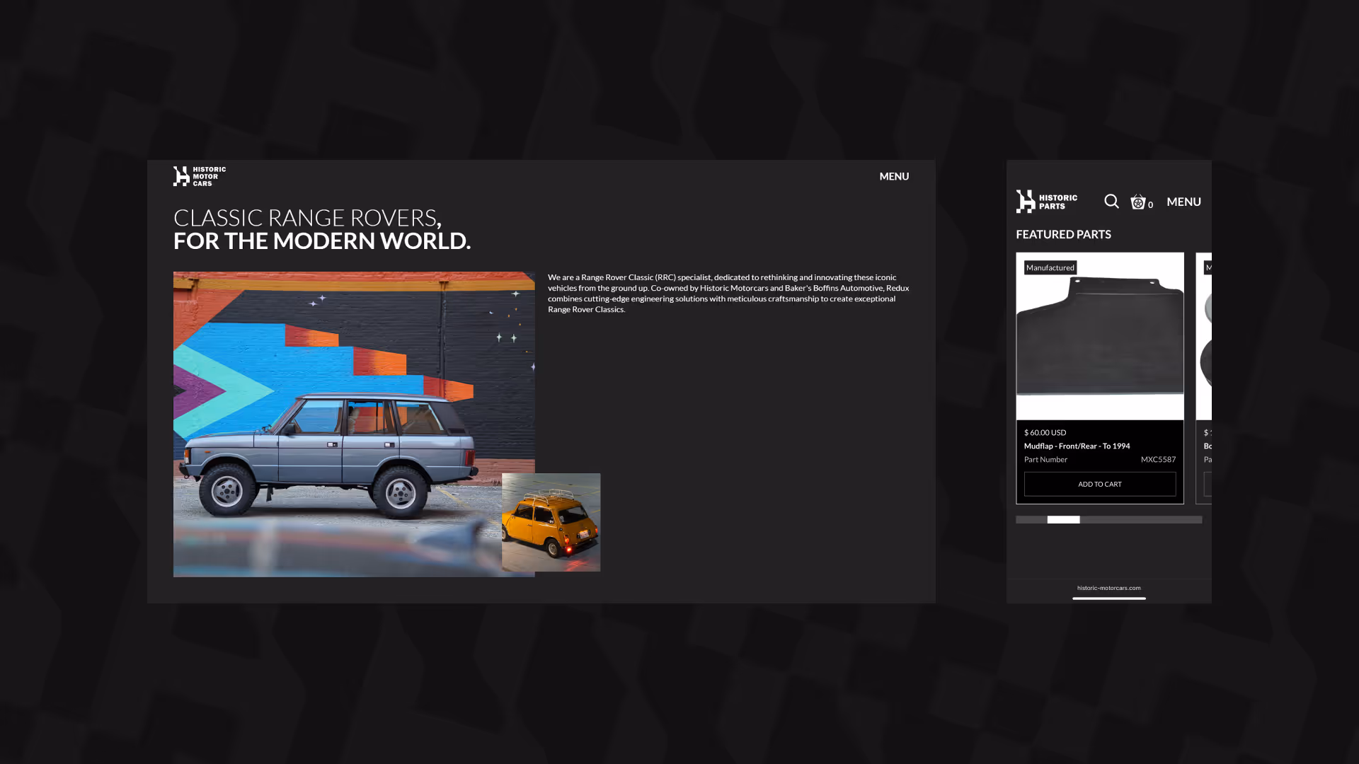 Classic Range Rover against colorful geometric background with small yellow car