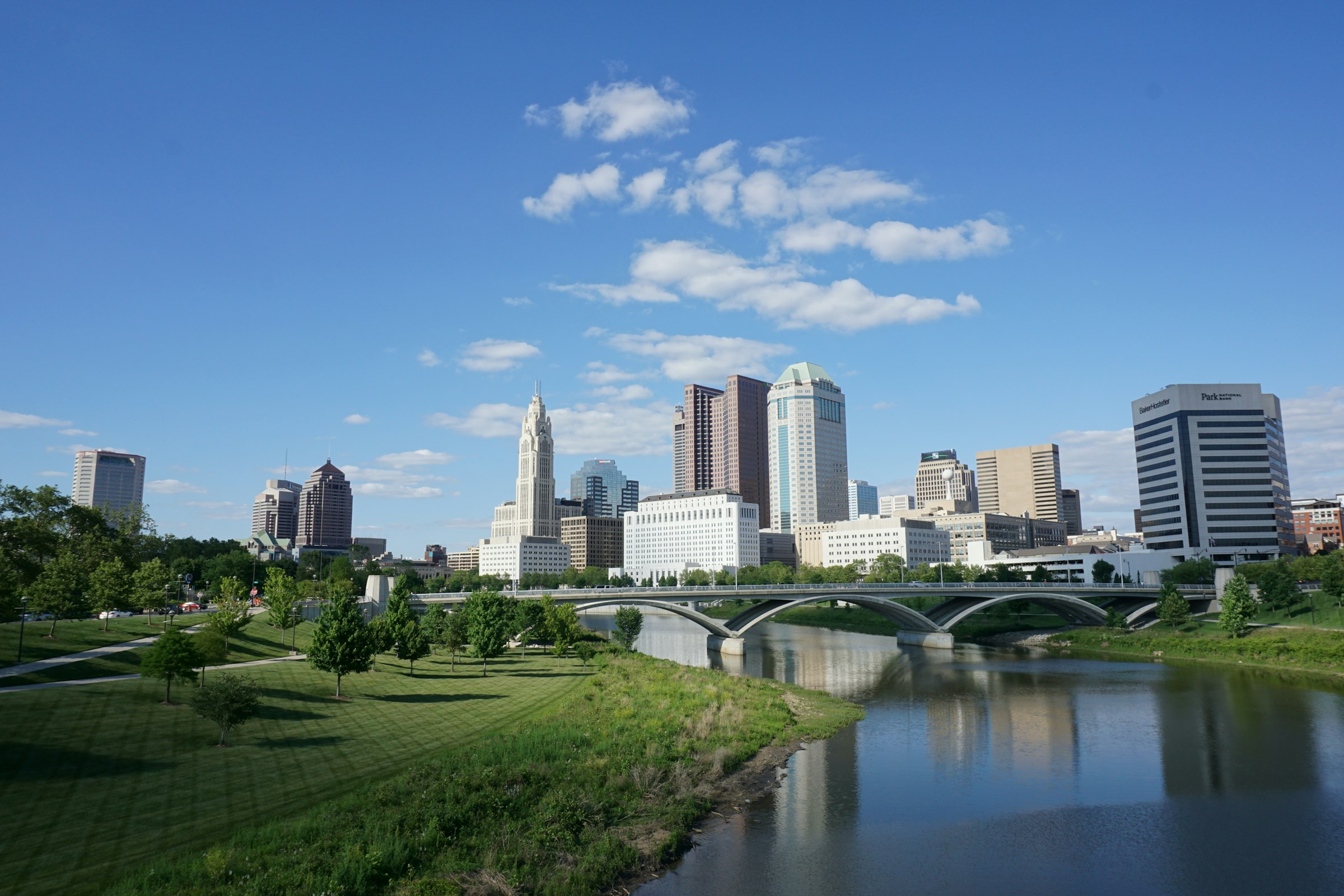 Downtown Columbus, Ohio skyline seen from the Main Street Bridge over the Scioto River